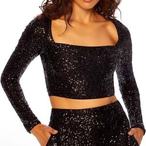Susana Monaco Black Sequin Long Sleeve Crop Top